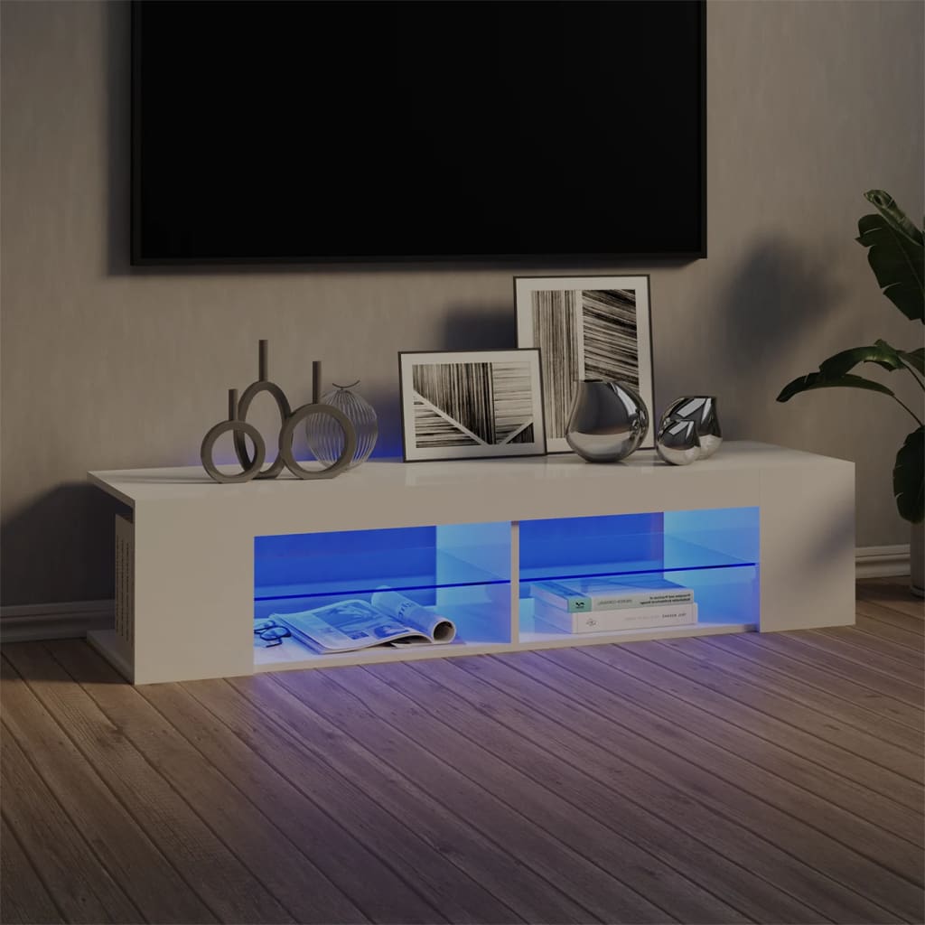 ТВ шкаф с LED осветление, бял гланц, 135x39x30 см