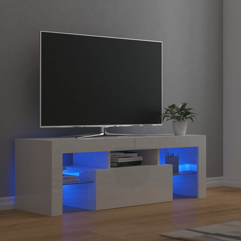 ТВ шкаф с LED осветление, бял гланц, 120x35x40 см