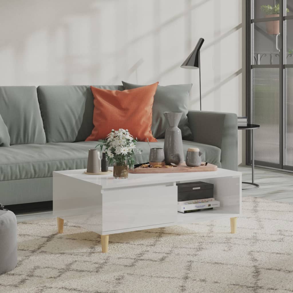 Кафе маса, бял гланц, 90x60x35 см, инженерно дърво