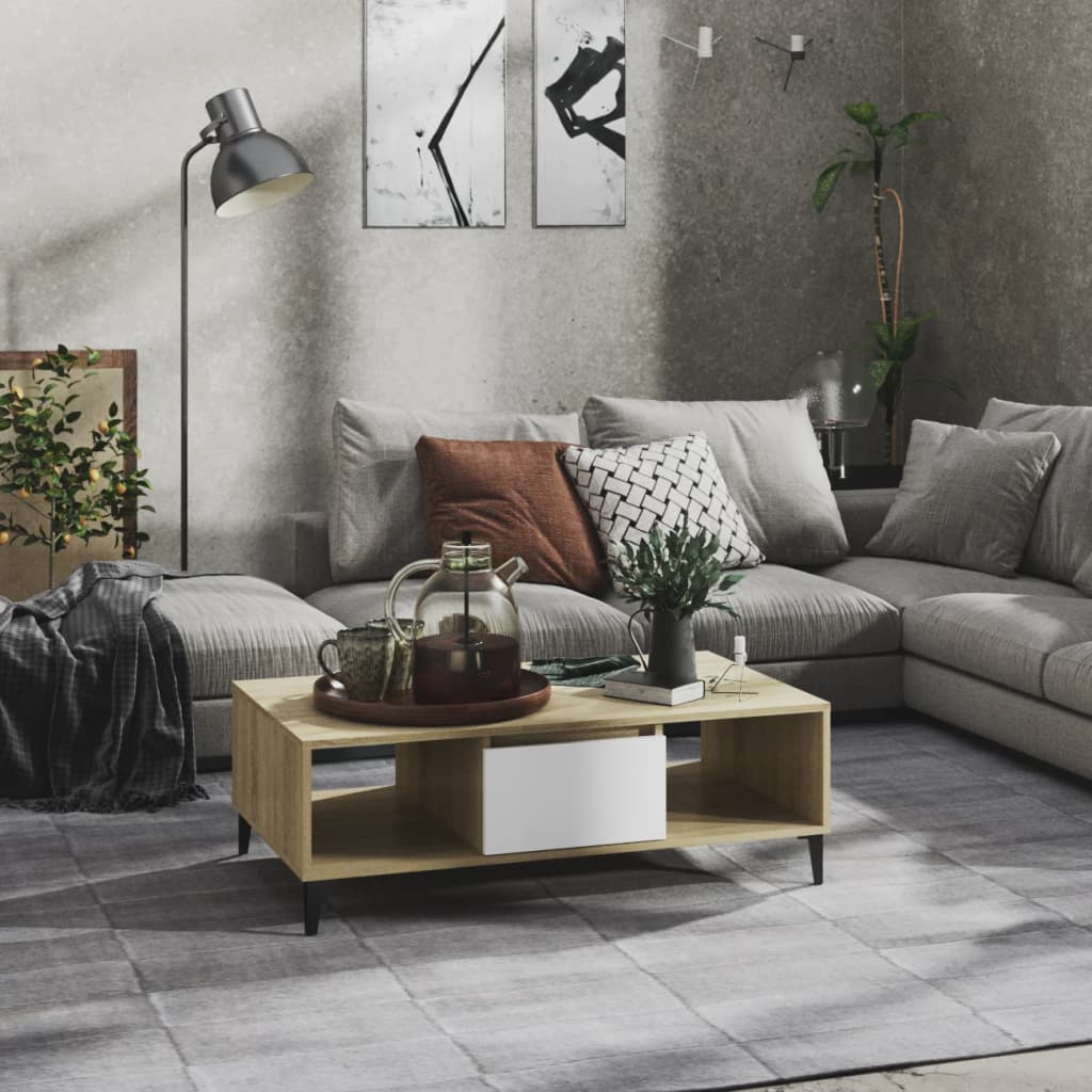 Кафе маса, бяло и дъб сонома, 103,5x60x35 см, инженерно дърво