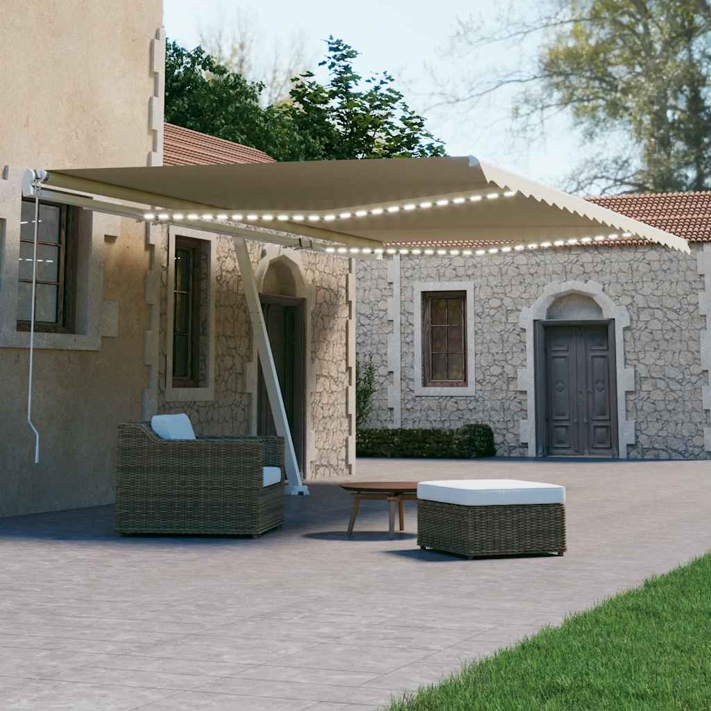 Автоматичен сенник, LED и сензор за вятър, 600x300 см, кремав