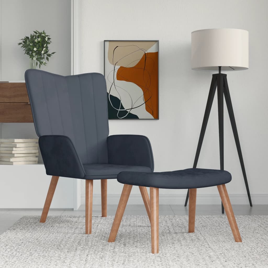 Релаксиращ стол с табуретка, тъмносив, кадифе