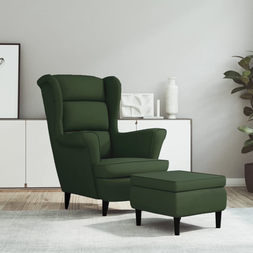 Фотьойл Wingback с табуретка, тъмнозелена, кадифе