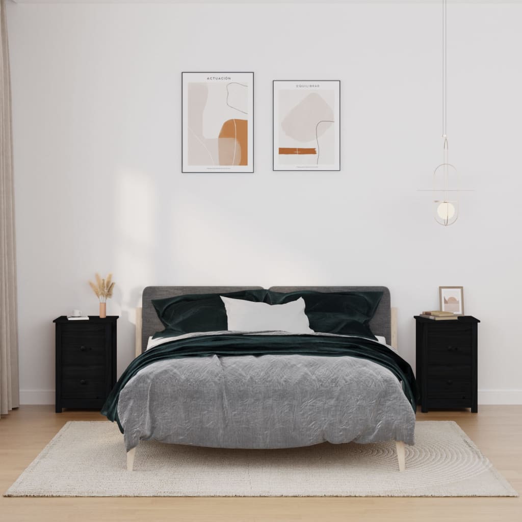 Нощни шкафчета, 2 бр, черни, 40x35x61,5 см, борово дърво масив