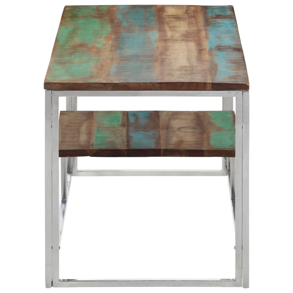 Кафе маса, сребриста, инокс и регенерирано дърво масив Кафе маса, сребриста, инокс и регенерирано дърво масив