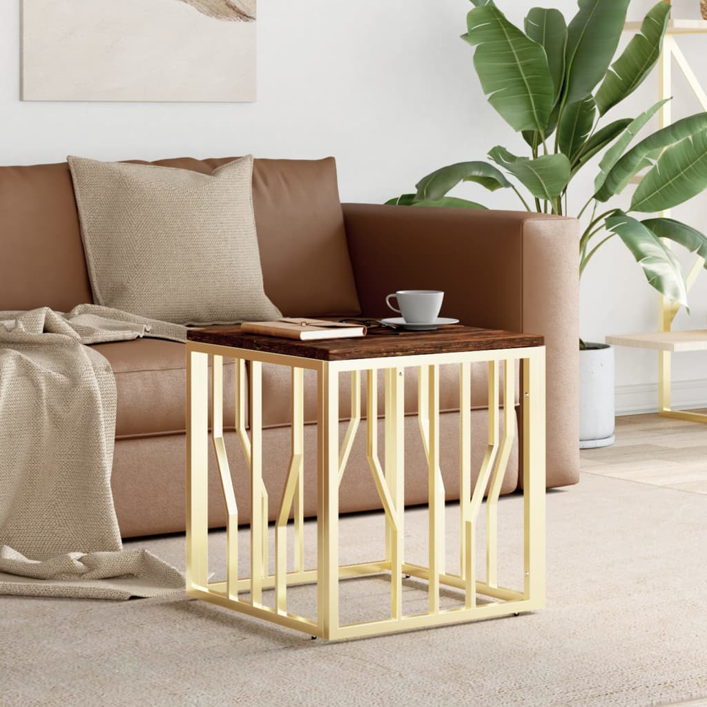 Кафе маса, златиста, инокс и регенерирано дърво масив