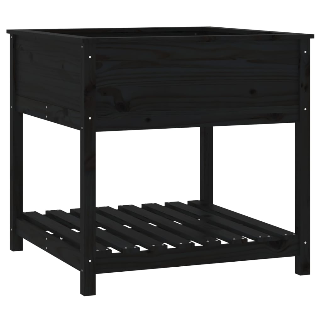 Плантер с рафт, черен, 82,5x82,5x81 см, борово дърво масив Плантер с рафт, черен, 82,5x82,5x81 см, борово дърво масив