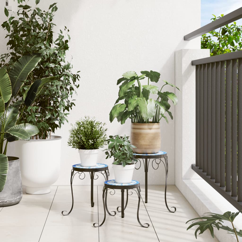 Стойки за растения, 3 бр, синьо и бяло, керамика Стойки за растения, 3 бр, синьо и бяло, керамика