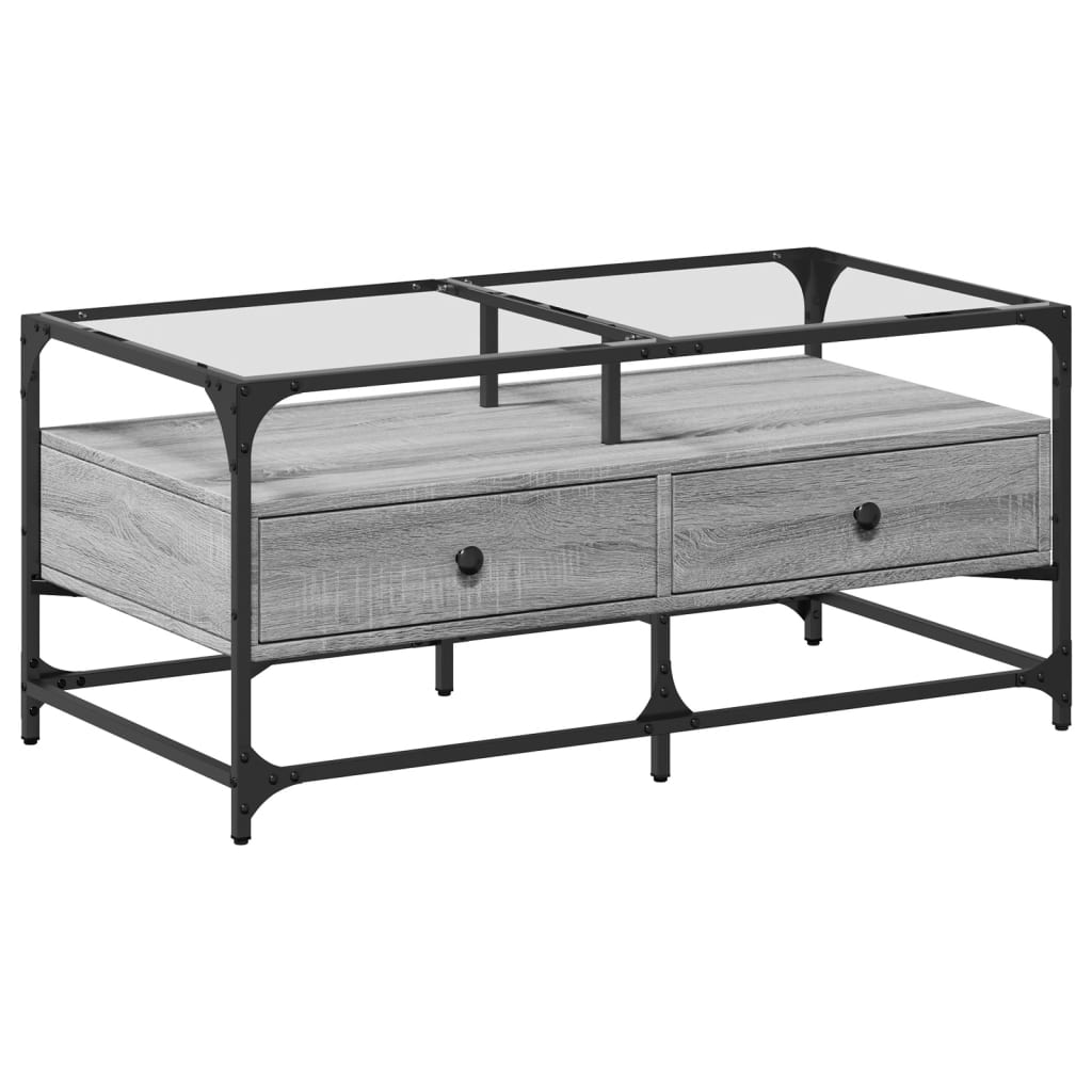 Маса за кафе със стъклен плот, сив сонома,98,5x50x45см, стомана Маса за кафе със стъклен плот, сив сонома,98,5x50x45см, стомана