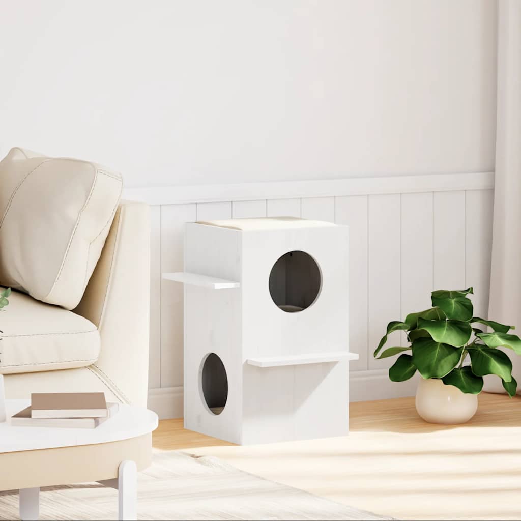 Къща за котки бяла 43x43x60 cm масивна дървесина бор Къща за котки бяла 43x43x60 cm масивна дървесина бор