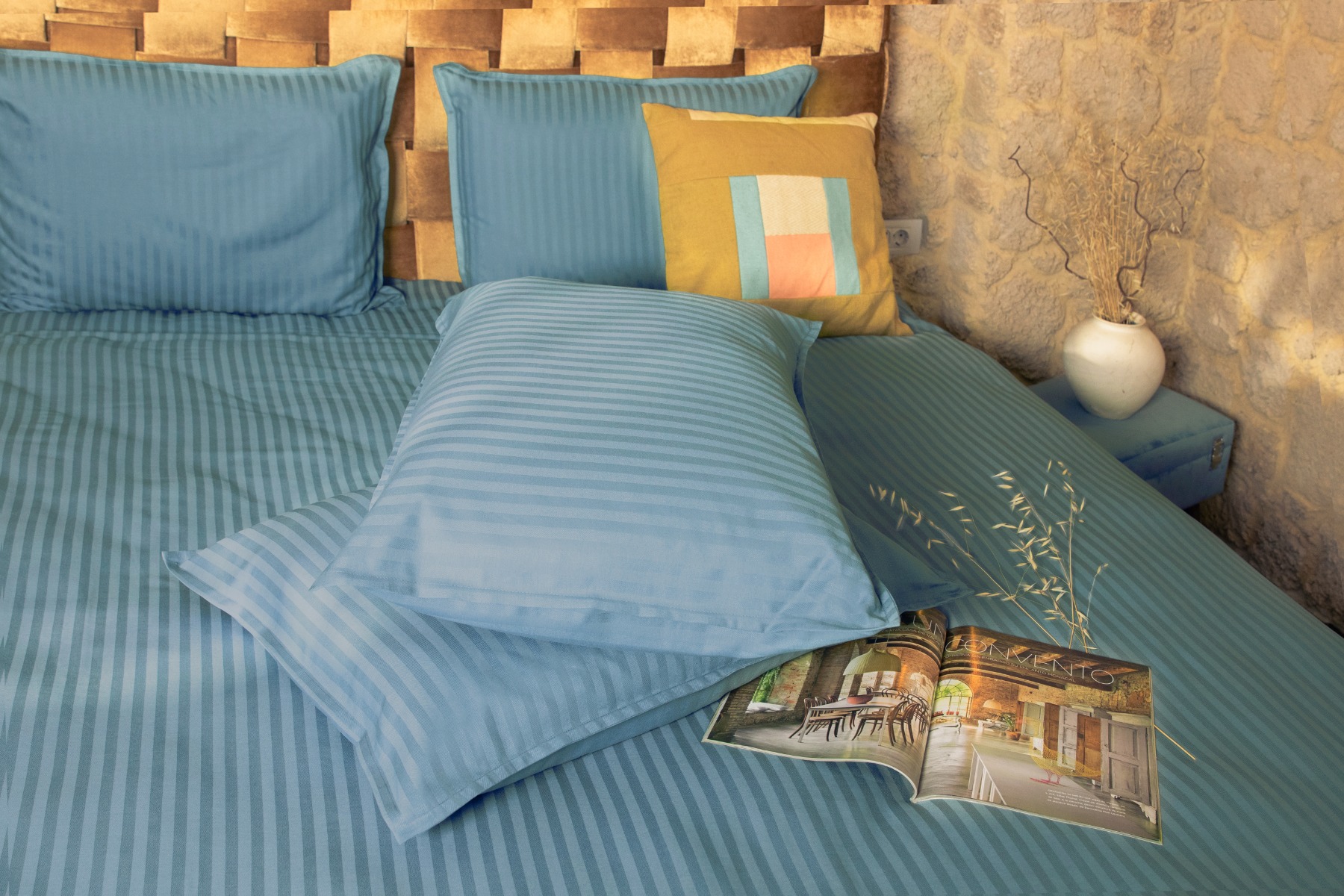 Спално бельо сатен райе Севиля лукс - синьо